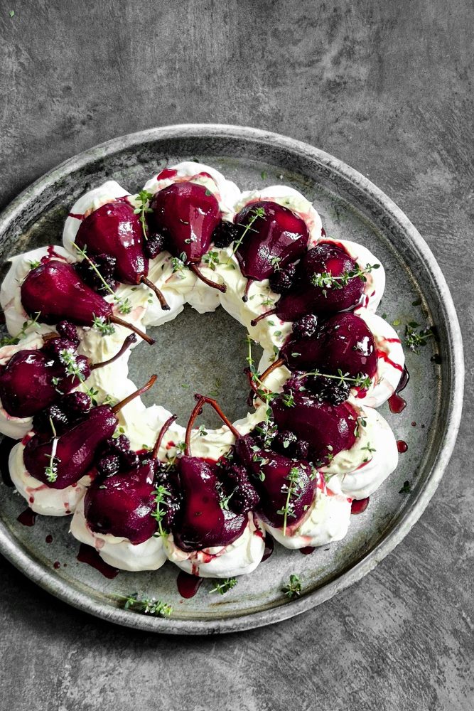 Mulled Wine & Blackberry Poached Pear Pavlova Wreath